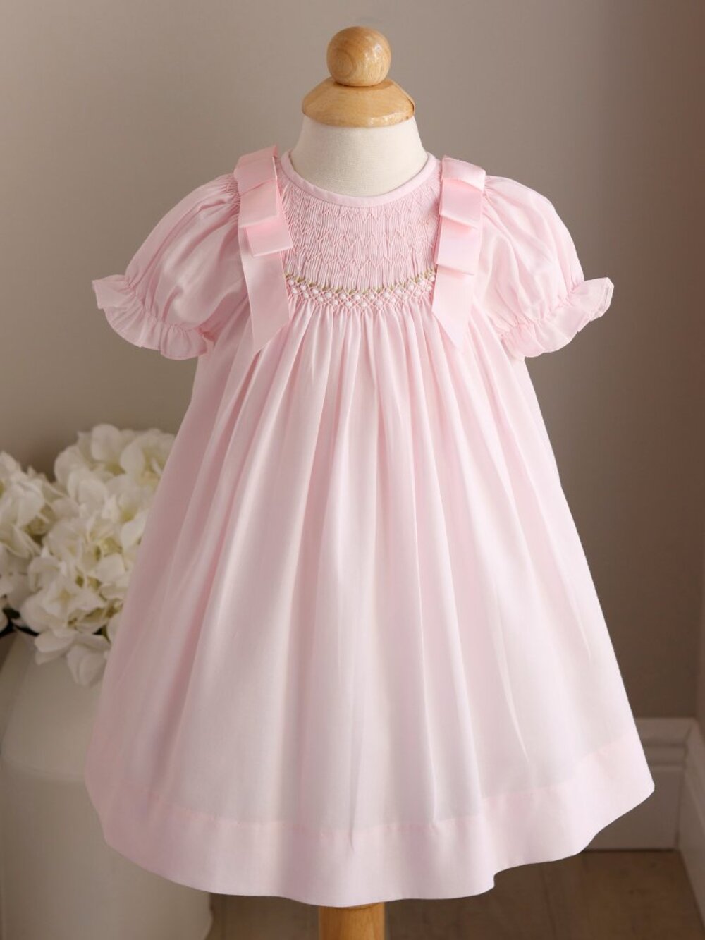 Pink Smocked Dress Bishop Satin Bow Ribbons Luli & Me 12 Month Party Portrait